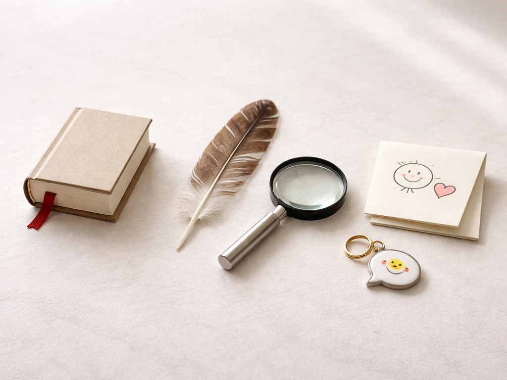 Three small objects on a clean tabletop symbolize name meaning, species facts, and slang—no text.