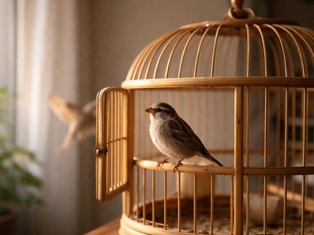 Small bird fluttering near an open cage, symbolizing constraint chasing freedom.