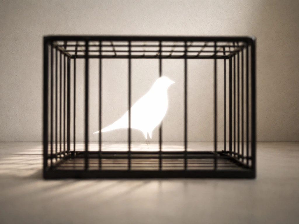 Bird-shaped space pushing against a simple cage-like bar structure, symbolizing feeling contained yet reaching.