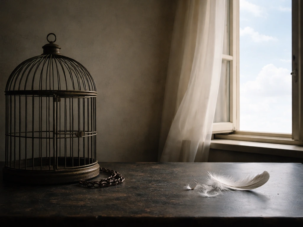 Closed iron birdcage beside a feather near an open window with sky light.