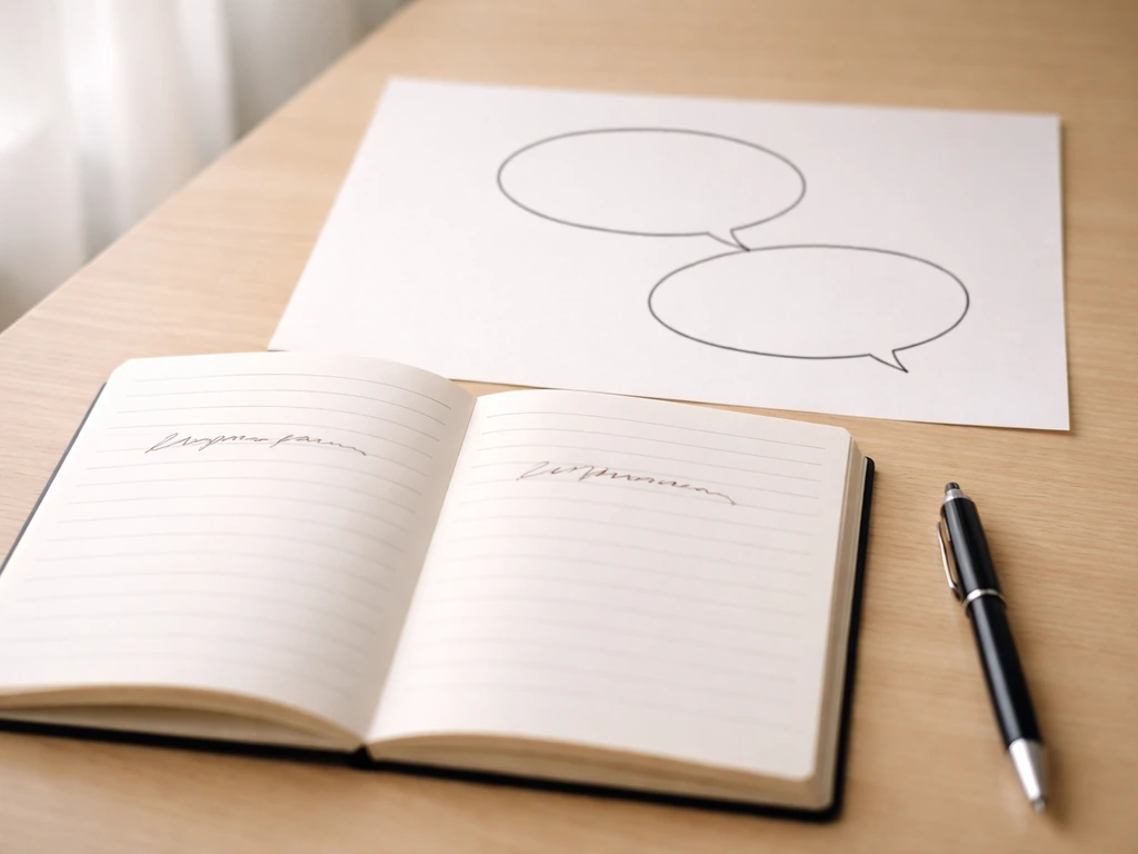 Minimal desk scene with notebook, pen, and two blank speech bubbles to show metaphor direction in writing.