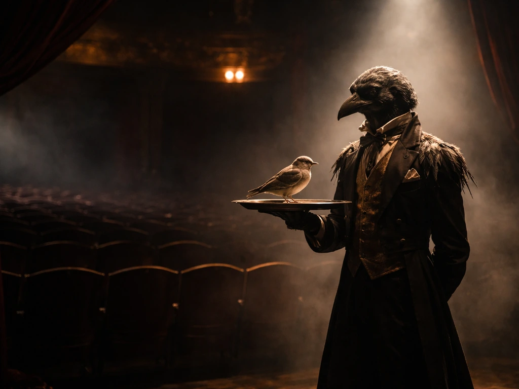 Moody classical theater scene with a bird-themed butler figure holding a tray under stage haze