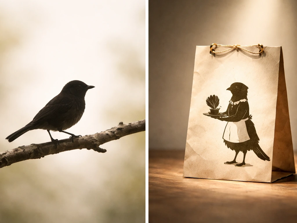A generic wild bird on a branch contrasted with a theater-like servant label prop on the side