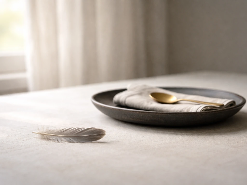 A minimal still life with a small perched bird feathered motif and elegant service-themed decor, softly lit