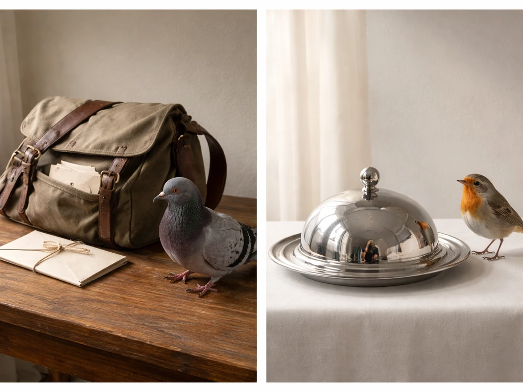 Two minimal scenes side by side: pigeon with a messenger bag vs a bird by a serving tray.