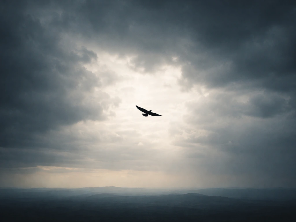 A lone bird gliding against a wide, stormy sky with a vast horizon below.