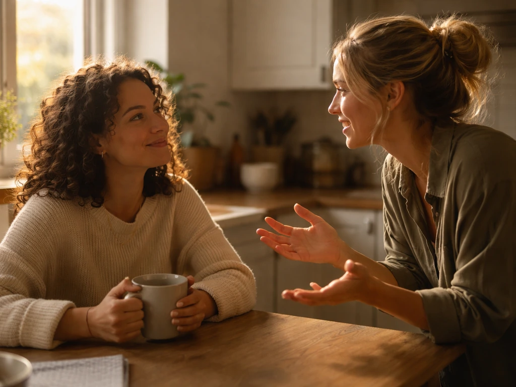 Two friends in a cozy kitchen sharing a warm, encouraging compliment gesture in natural sunlight.