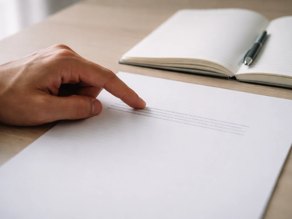 Close-up of a hand pointing to a printed sentence while a notebook sits open nearby