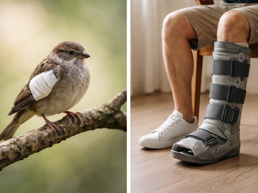 Side-by-side: injured bird with bandaged wing and a seated person with a leg brace indicating limited mobility.