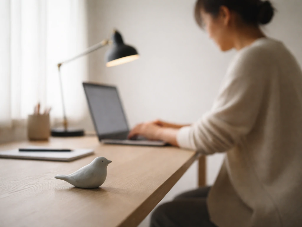 Anonymous person typing with concern in a quiet office beside a subtle, grounded bird-feather symbol