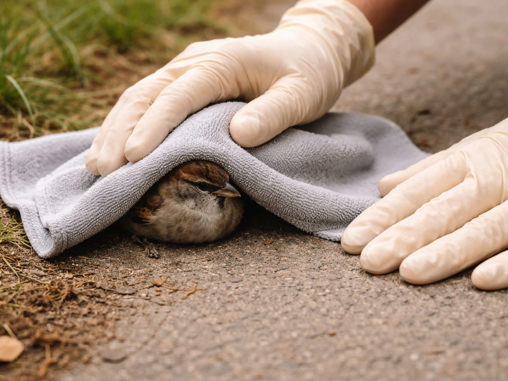 A small bird on the ground partially covered with a cloth while a gloved hand stabilizes it for help.