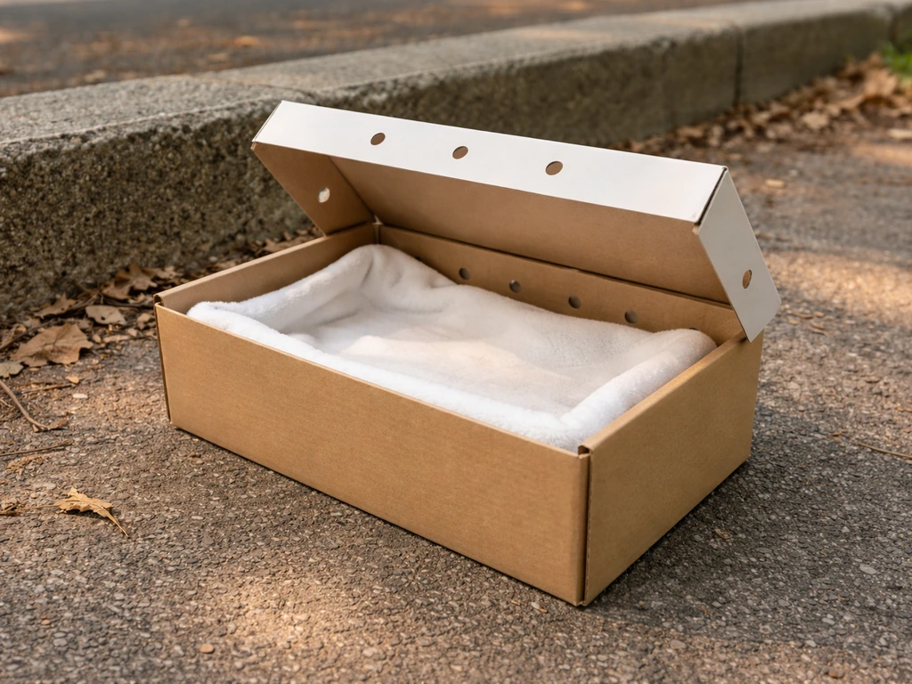 A lined shoebox transport container near the ground, ready for a small injured songbird.