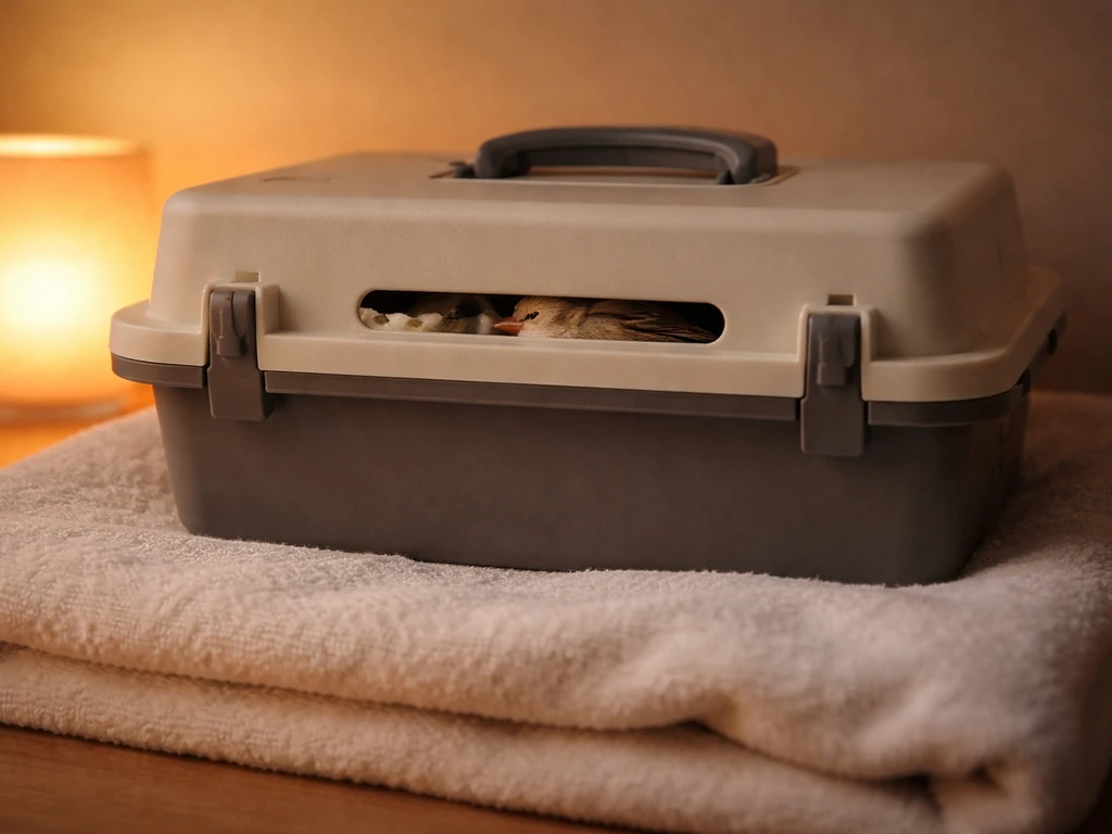 A small bird resting quietly in a closed transport box on a towel in a warm dim room near gentle heat