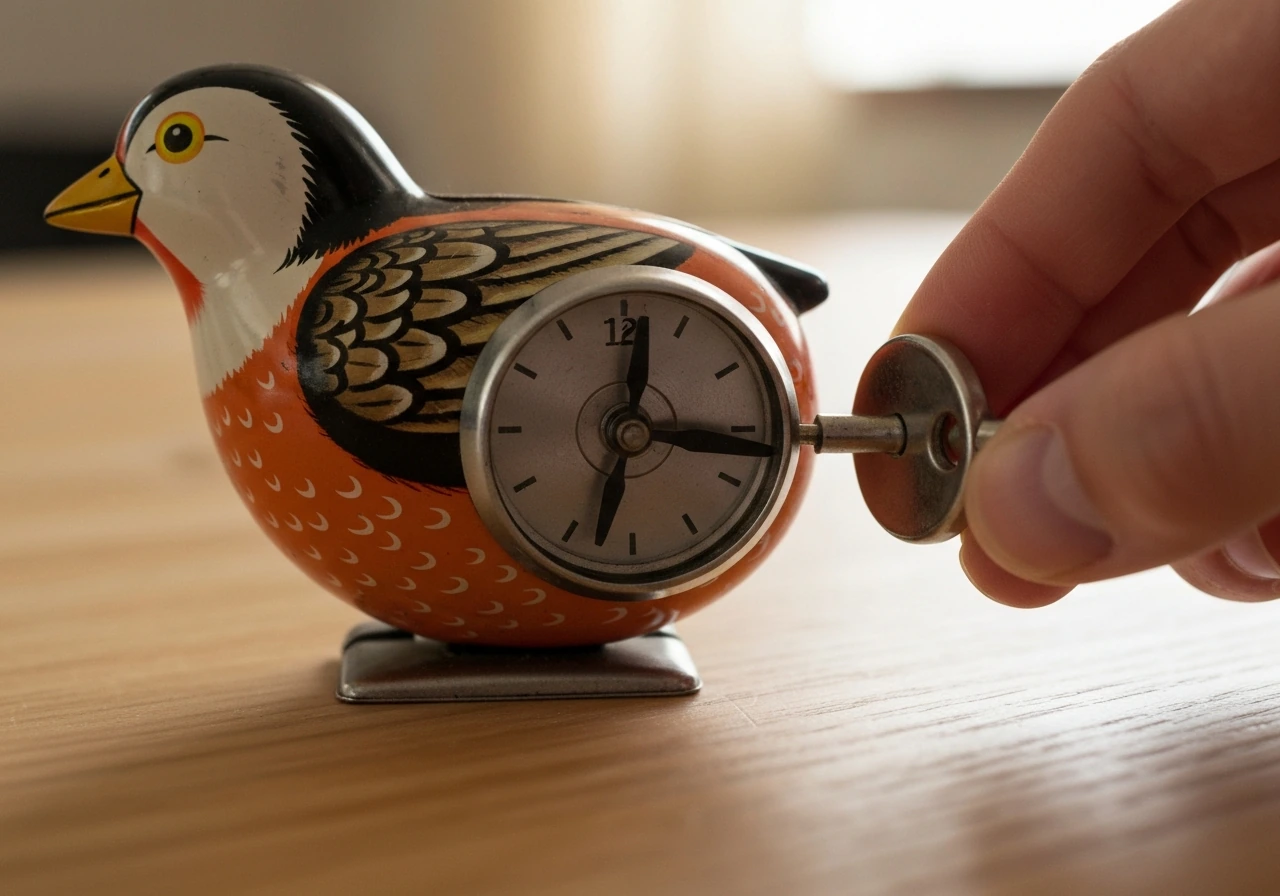 Close-up of a classic spring-driven wind-up bird toy with a key being turned, showing the clockwork mechanism.