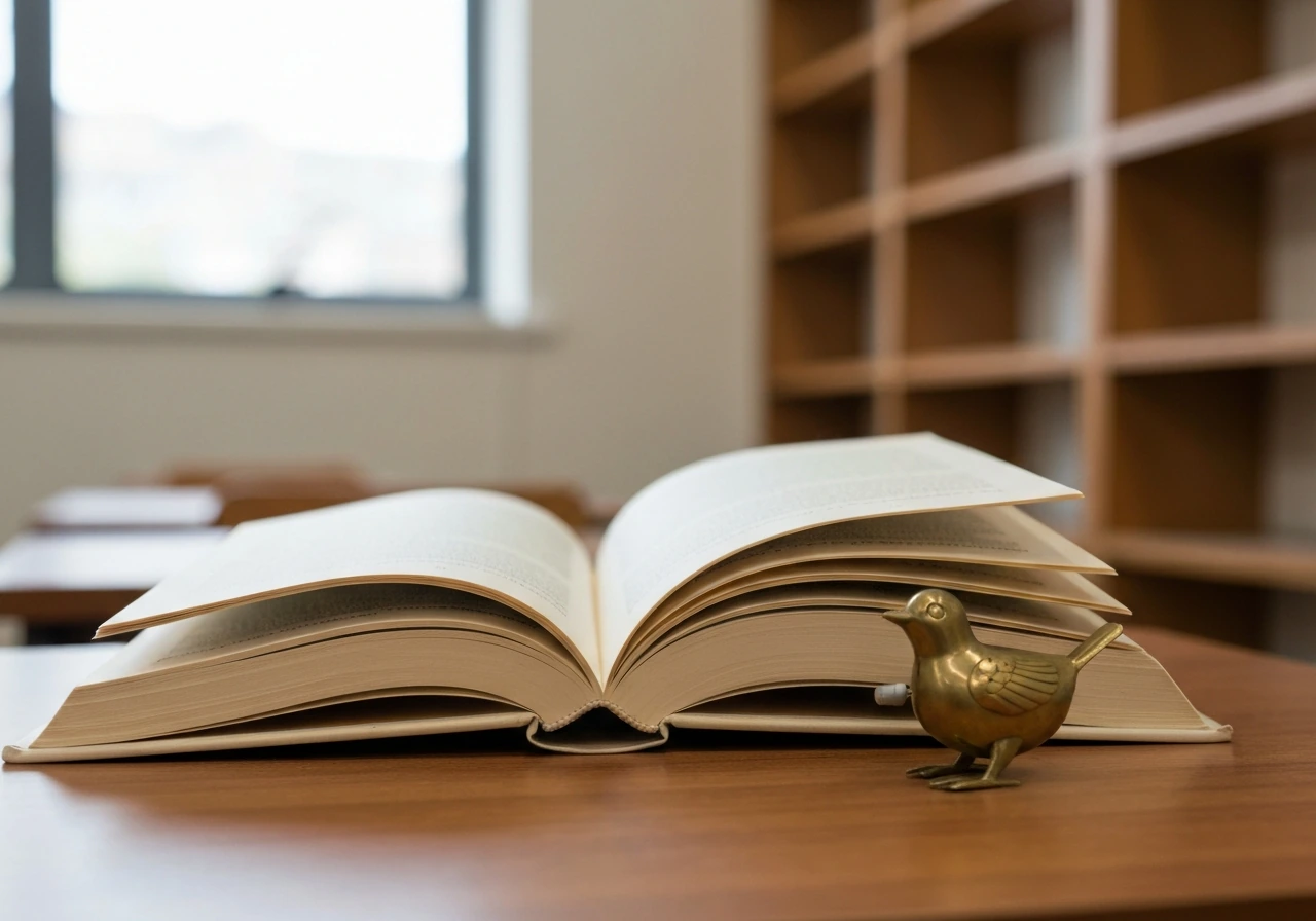 Open book on a desk in a quiet reading nook, highlighting themes of predictability and being set in motion.