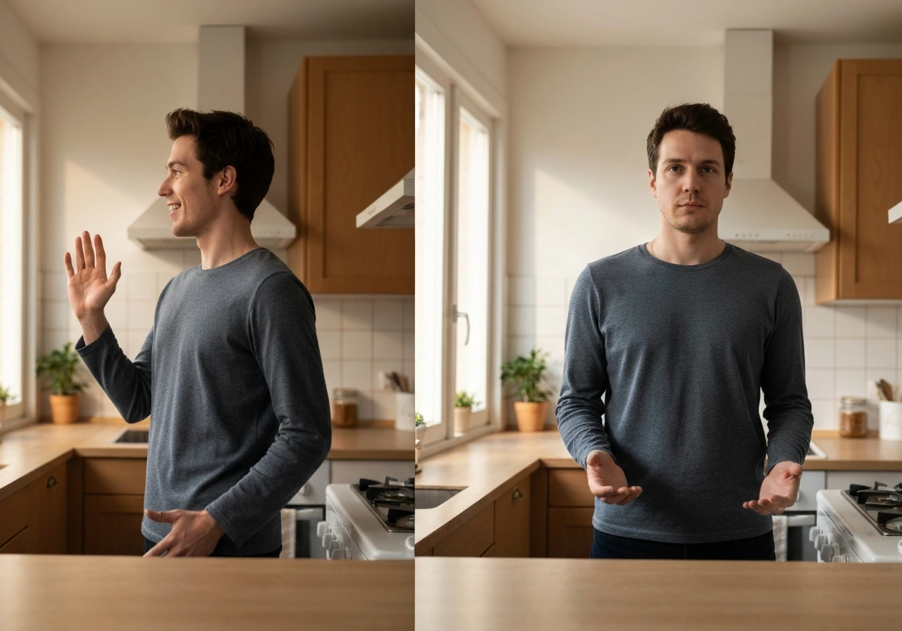 Two side-by-side moments: spontaneous engaged reaction vs neutral predictable autopilot posture.