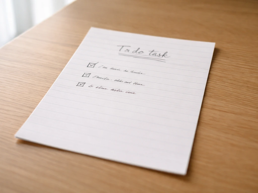 Close-up of a blank to-do sheet with one main task and a few small-step bullets with checkmarks.