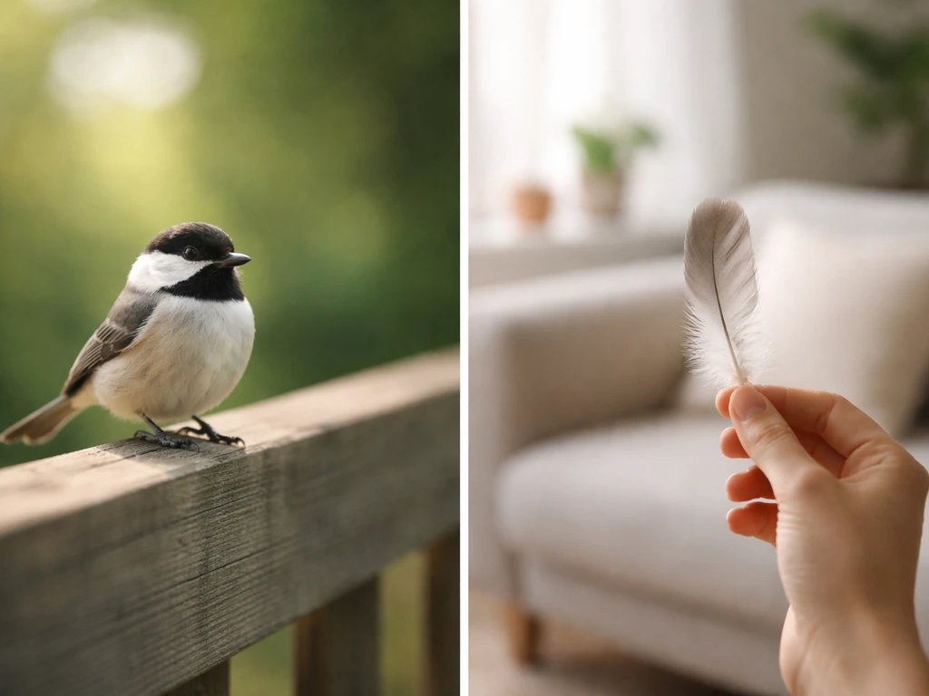 Split-scene photo: a real small bird on a fence, and a person’s hand holding a feather as figurative hint