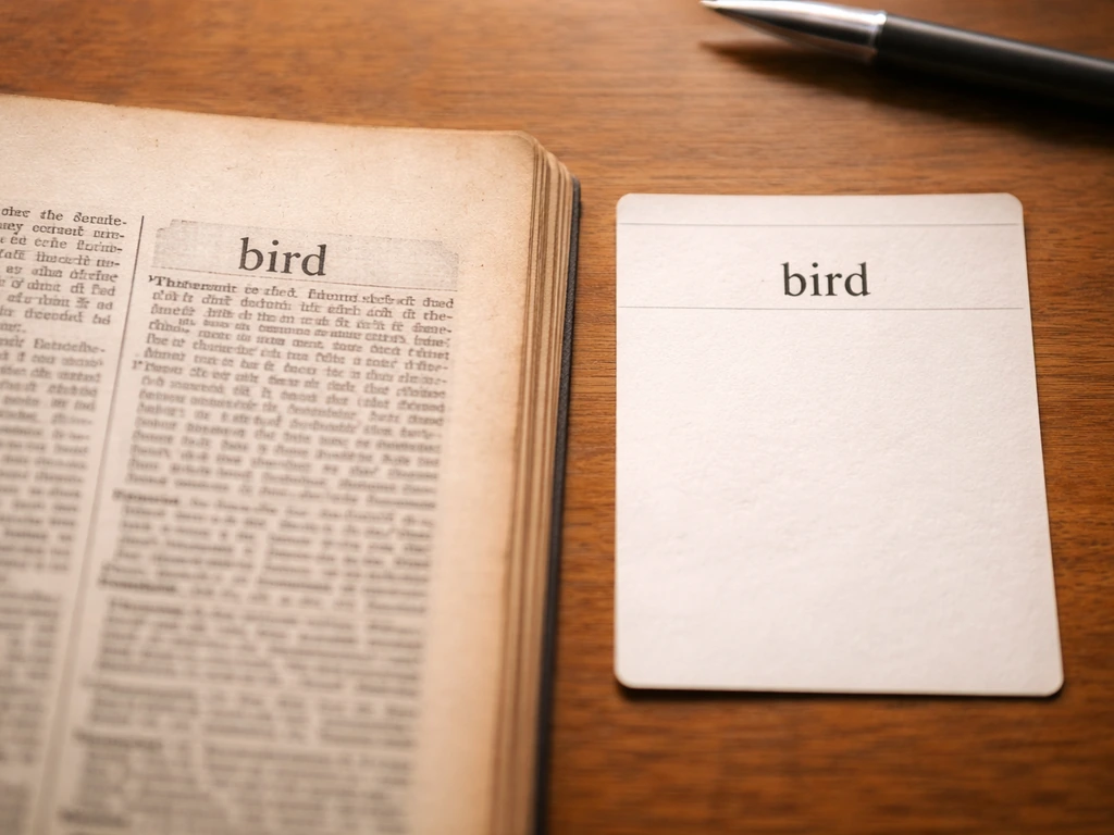 Close-up of an open vintage dictionary page and blank reference card showing the word “bird” on aged paper.