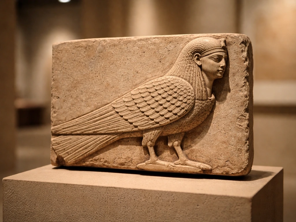 Ancient Egyptian-style bird with a human head motif on museum stone backdrop, softly lit and close-up