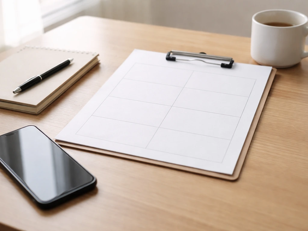 Minimal desk scene with a blank clipped sheet and smartphone, suggesting a comparison table without text.