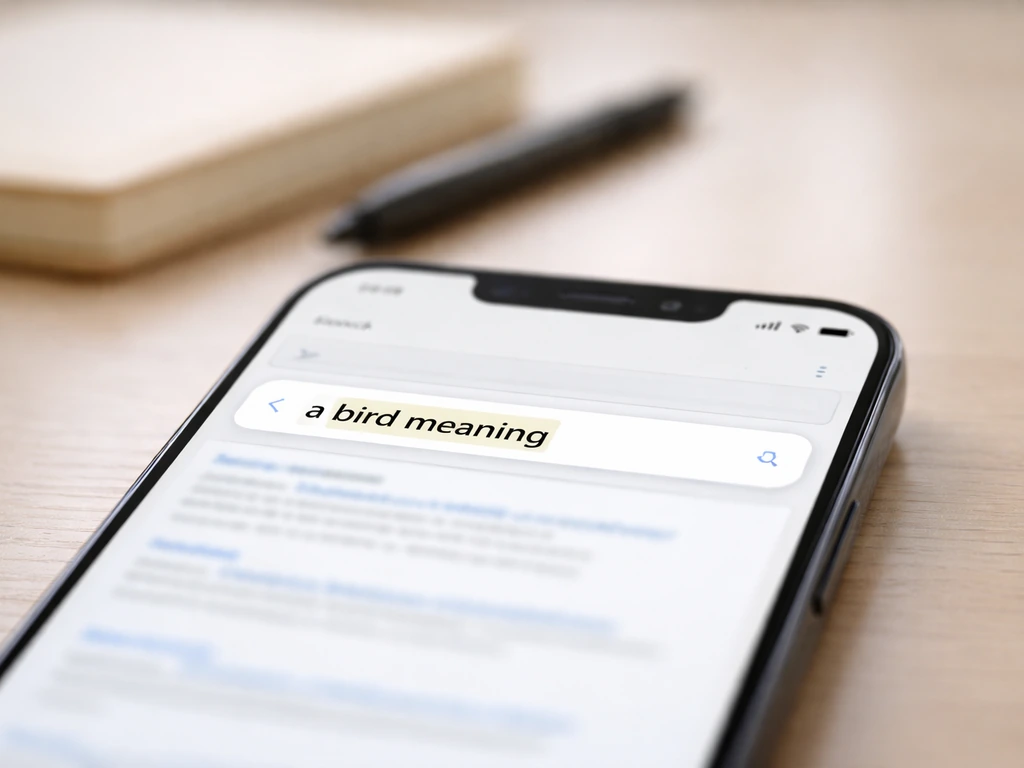 Smartphone on a desk with the phrase fragment “a bird meaning” highlighted on a search page.