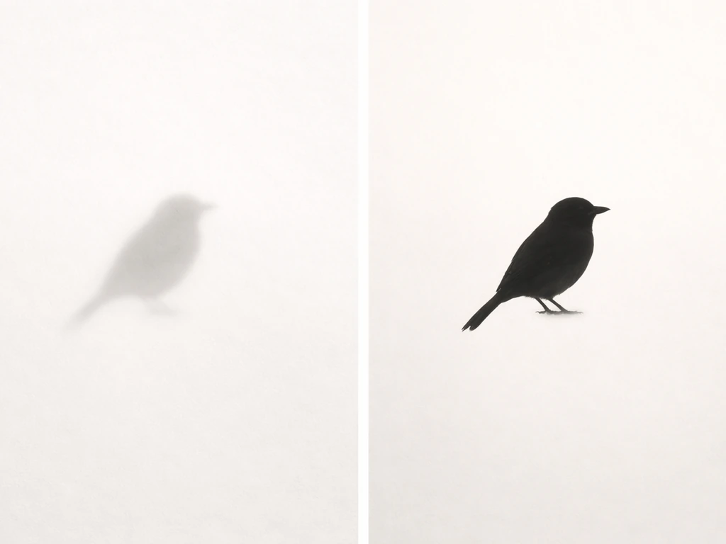 Two simple bird silhouettes on a minimal background, one faded and dismissive, the other clearer and more ordinary.