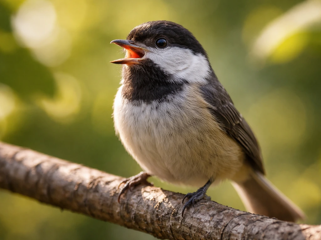 Small songbird perched on a branch, beak slightly open as it chirps.