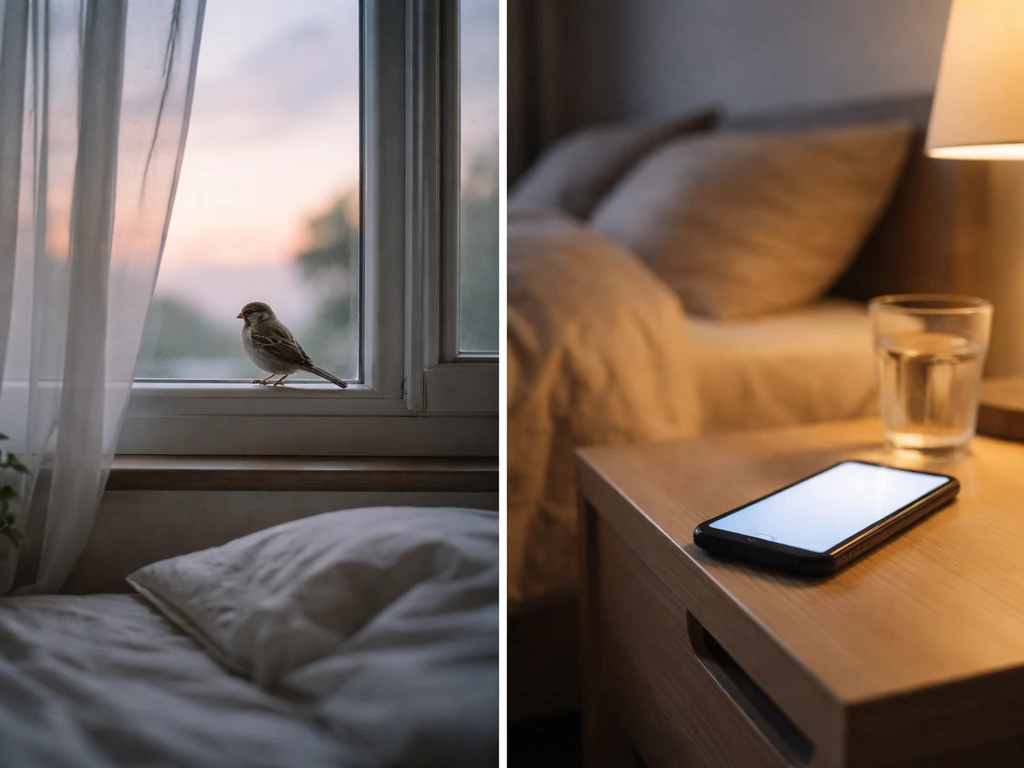 Left: bird by a bedroom window at dawn. Right: anonymous living room with a phone suggesting social context.