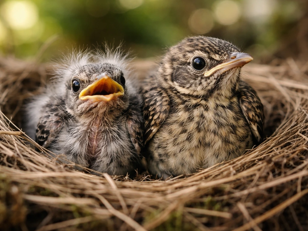 Close-up of a nestling and a fledgling in the nest, showing different feathering stages.