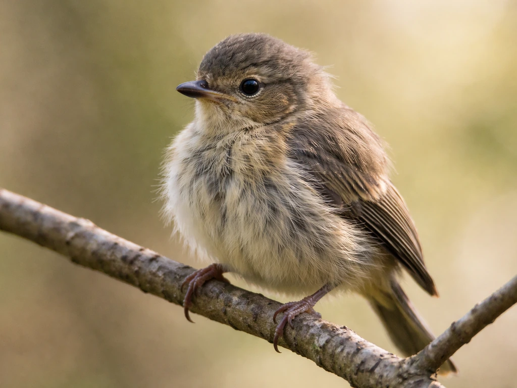 Close-up of a small songbird perched near fresh feathers, showing a natural molt transition