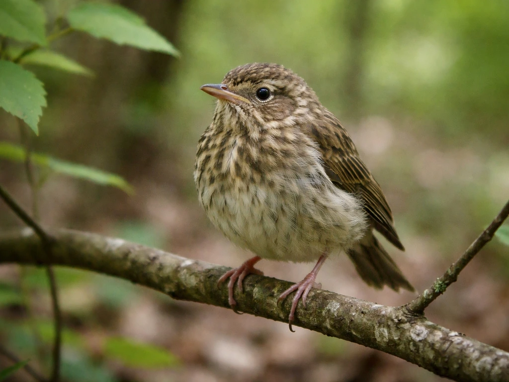 A young perched bird with mottled streaky plumage and a slightly hunched posture in natural woodland