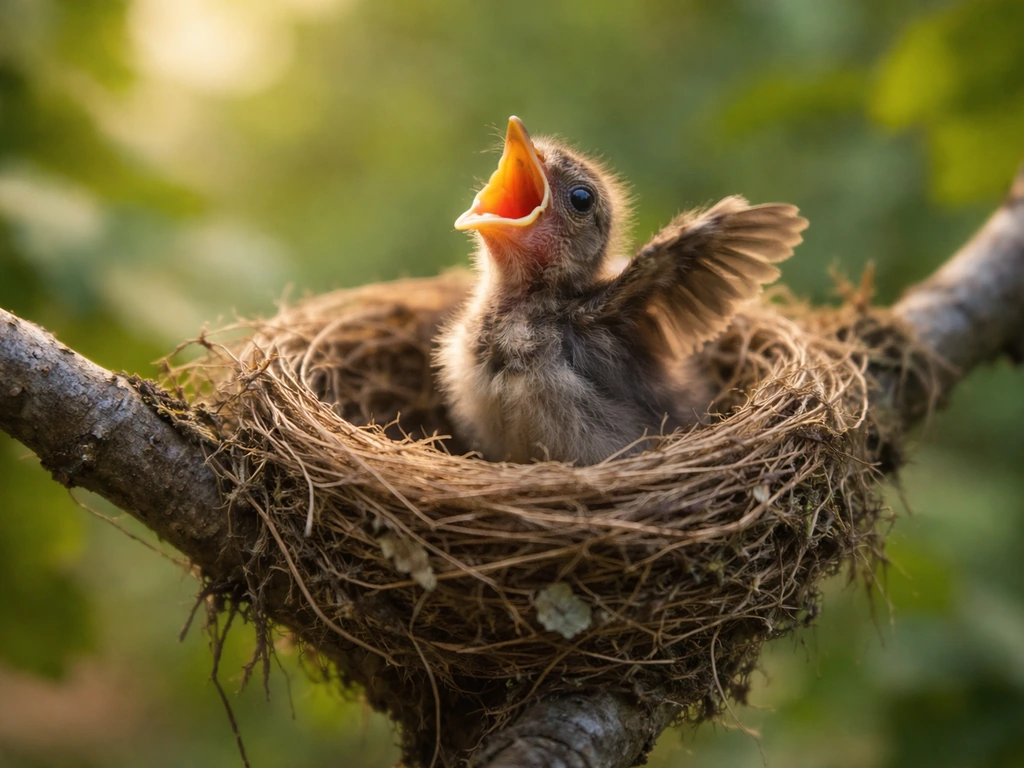 A nestling in a nest with open mouth begging, wings fluttering, natural light on feathers.