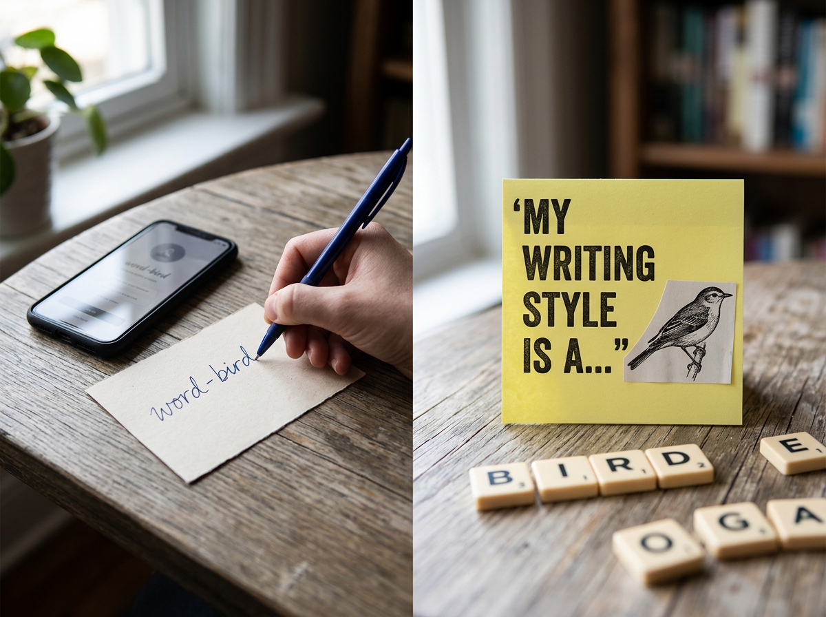 Split image showing “Word-Bird” as a username/brand vs figurative use with word tiles and a bird cutout.