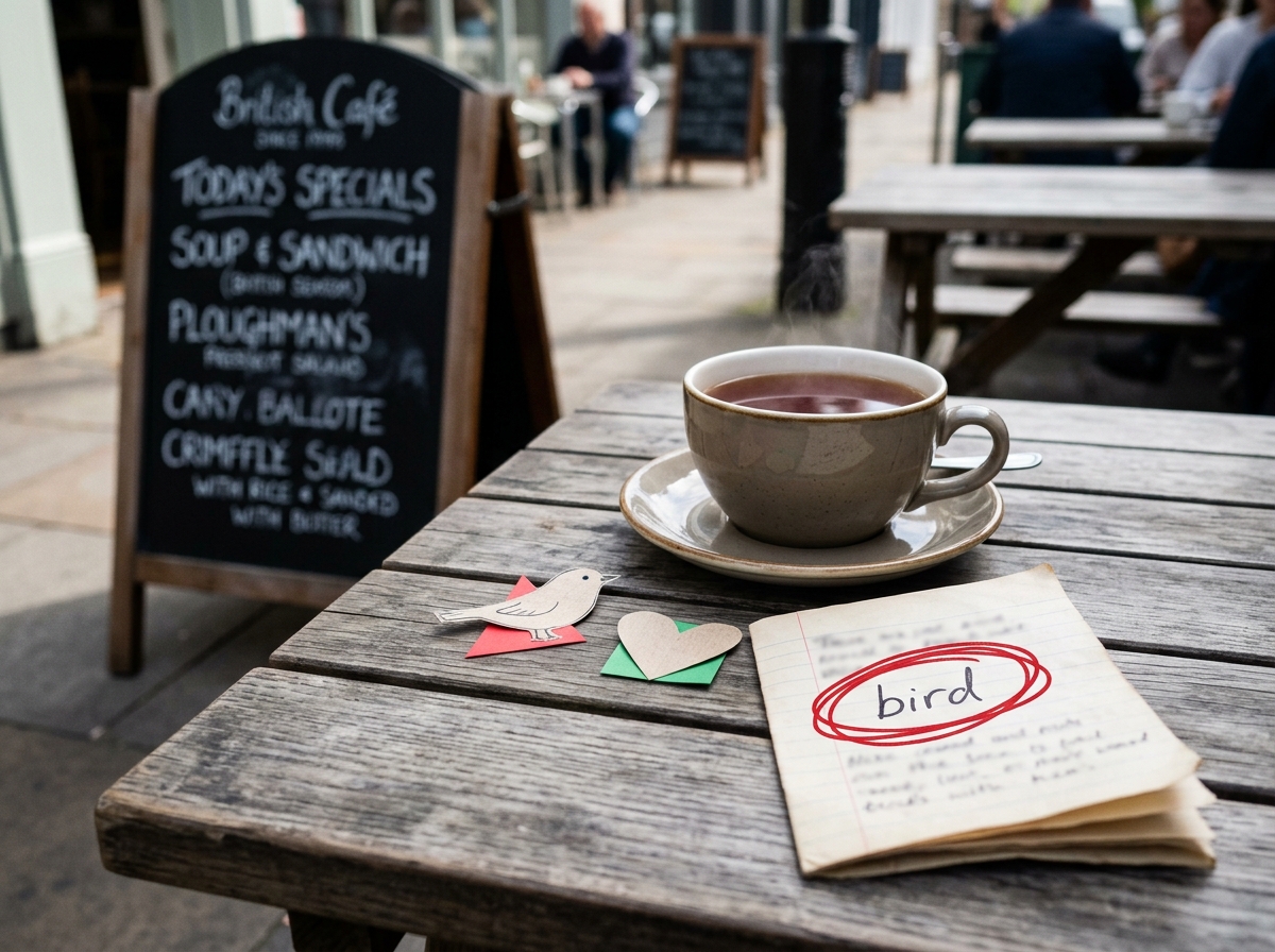 Café tabletop with a highlighted “bird” term and small bird/heart cutouts for the slang meaning.
