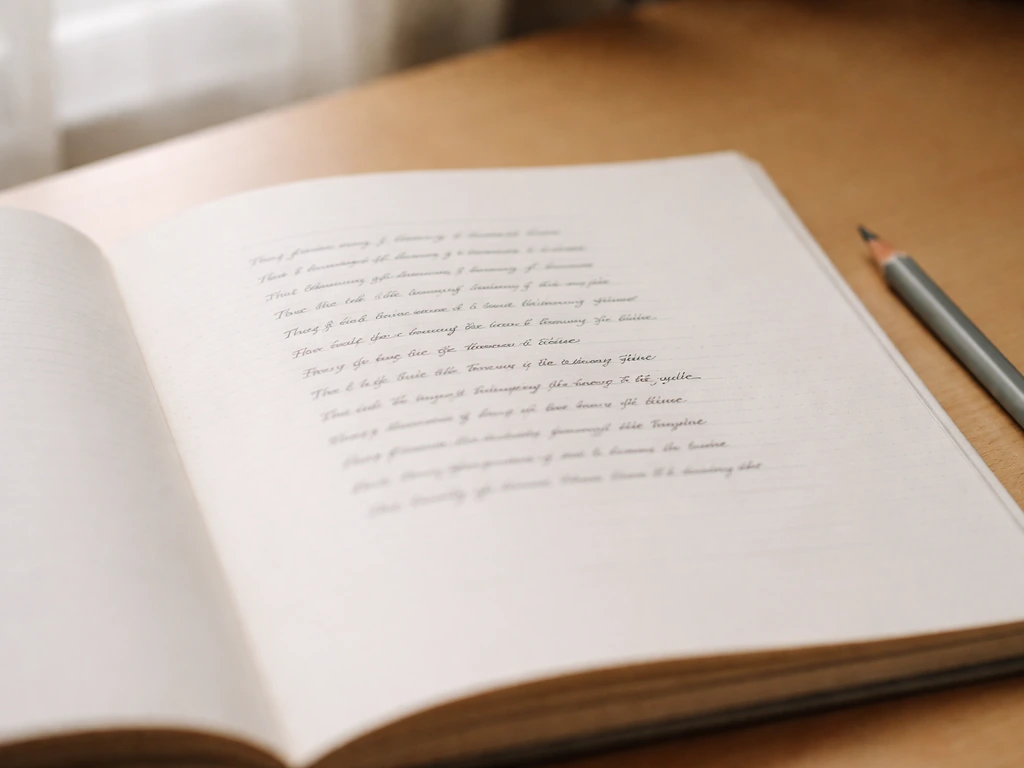 Close-up of a book page showing handwritten-style verse with 14 clear lines on a wooden desk.