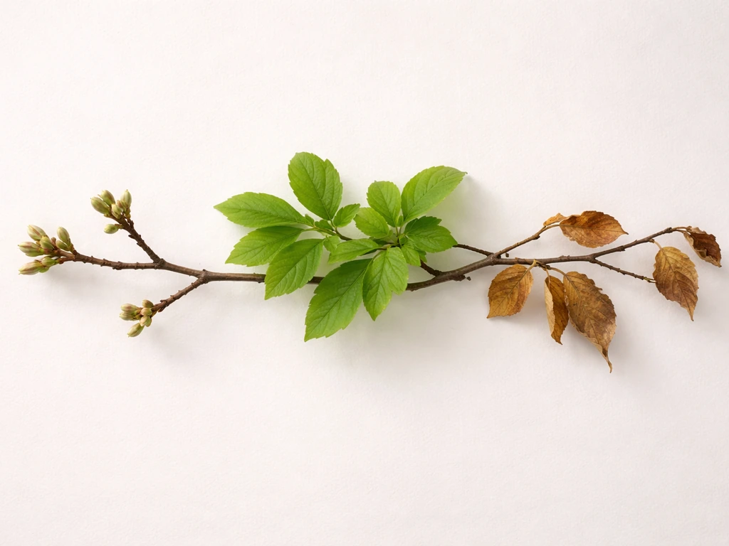 Overlapping seasonal branches—spring buds fading into summer fullness, then hints of early autumn—symbolizing time and e