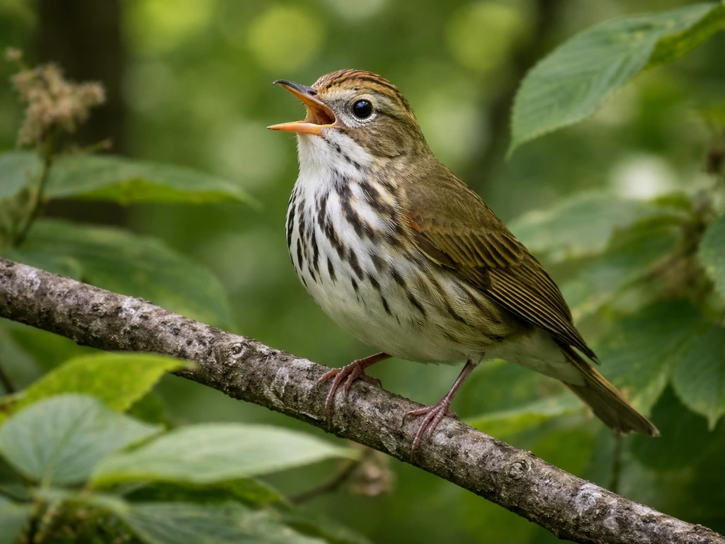 Ovenbird-like warbler perched in dense midsummer woods, singing among leafy branches