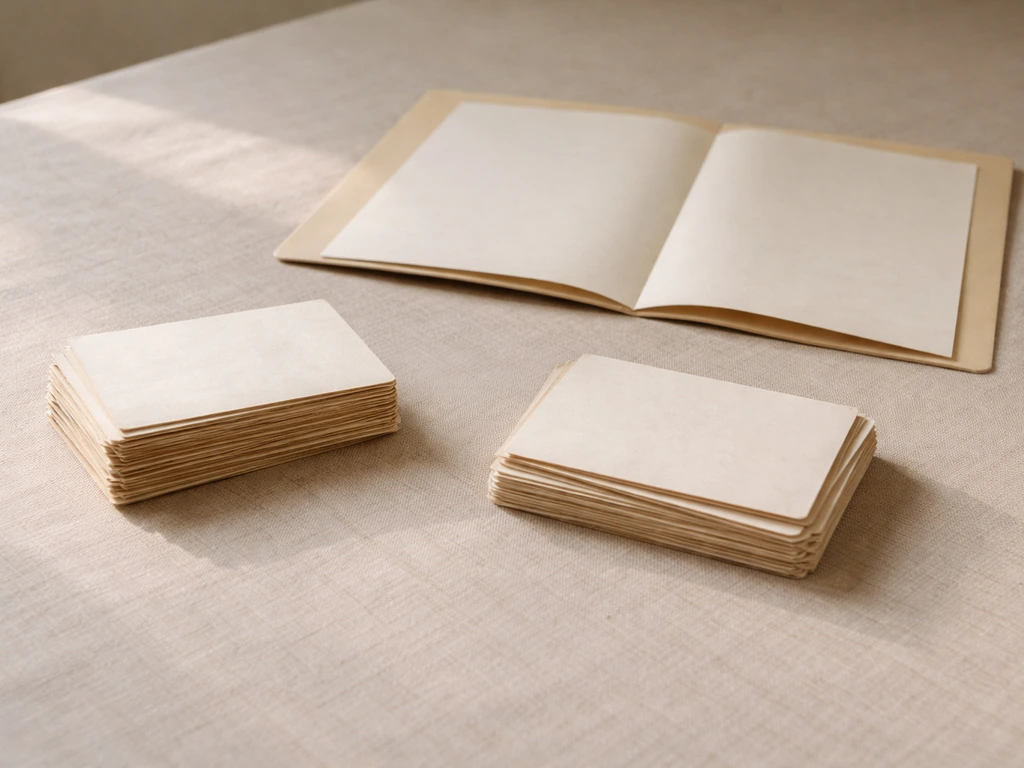 Minimal tabletop scene with two blank parchment/paper card stacks for a poem interpretation comparison.