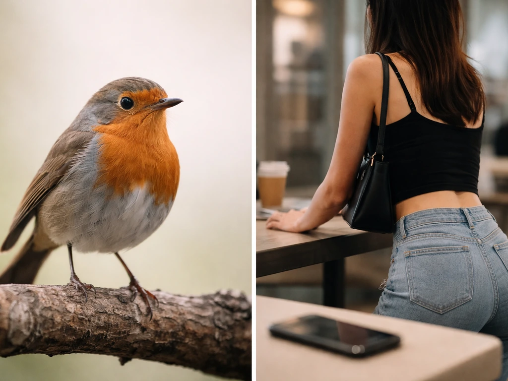 Minimal split image: a small bird silhouette on one side and a casual slang-style scene on the other.