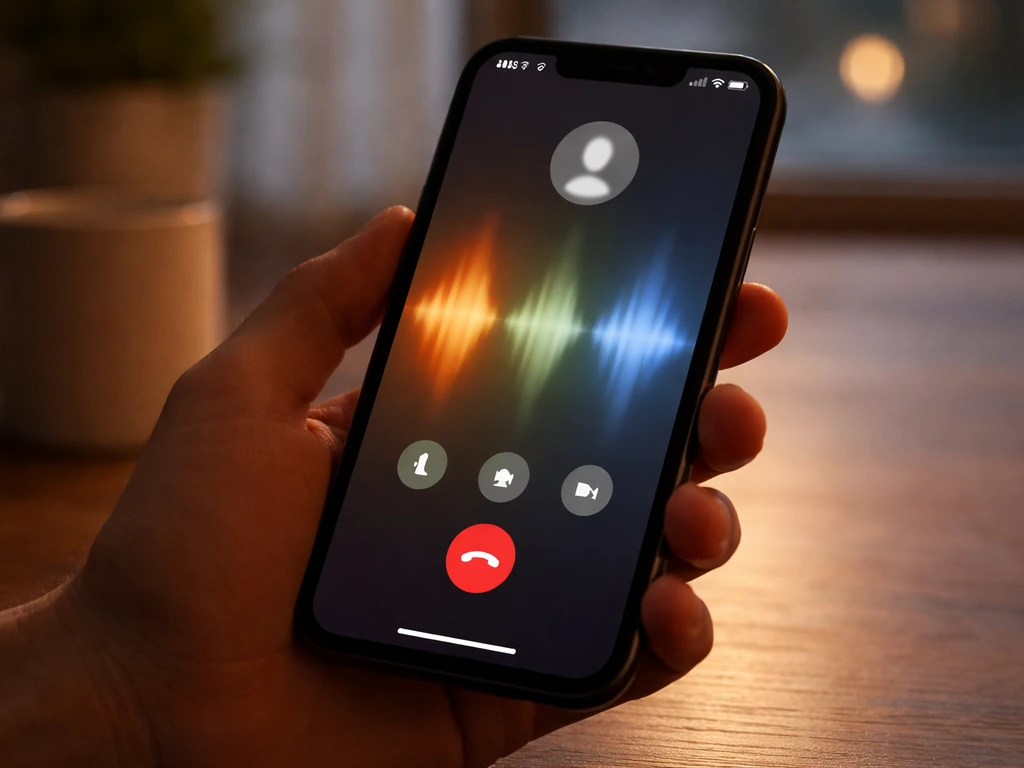 Close-up of a hand holding a smartphone with abstract call waveforms suggesting different tones.