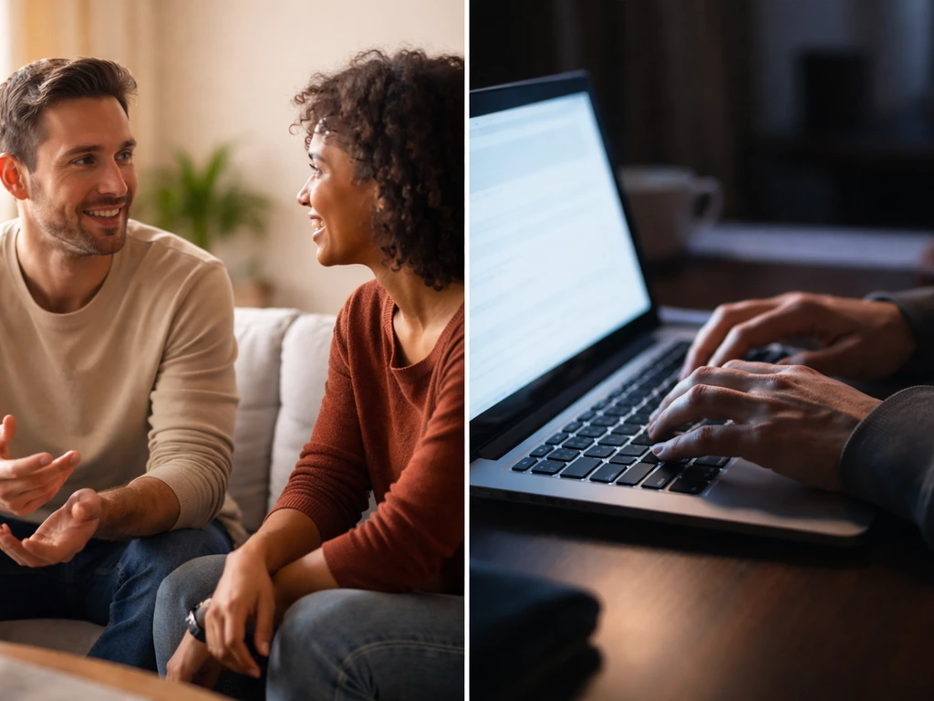 Split-screen scene: face-to-face conversation with warm body language vs online anonymous comment exchange ambience.