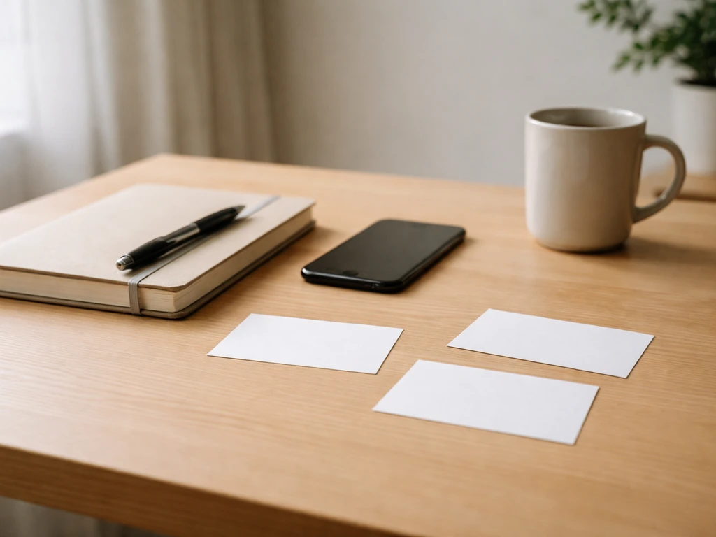 A minimalist desk setup with blank index cards, pen, and phone, suggesting step-by-step safety responses.