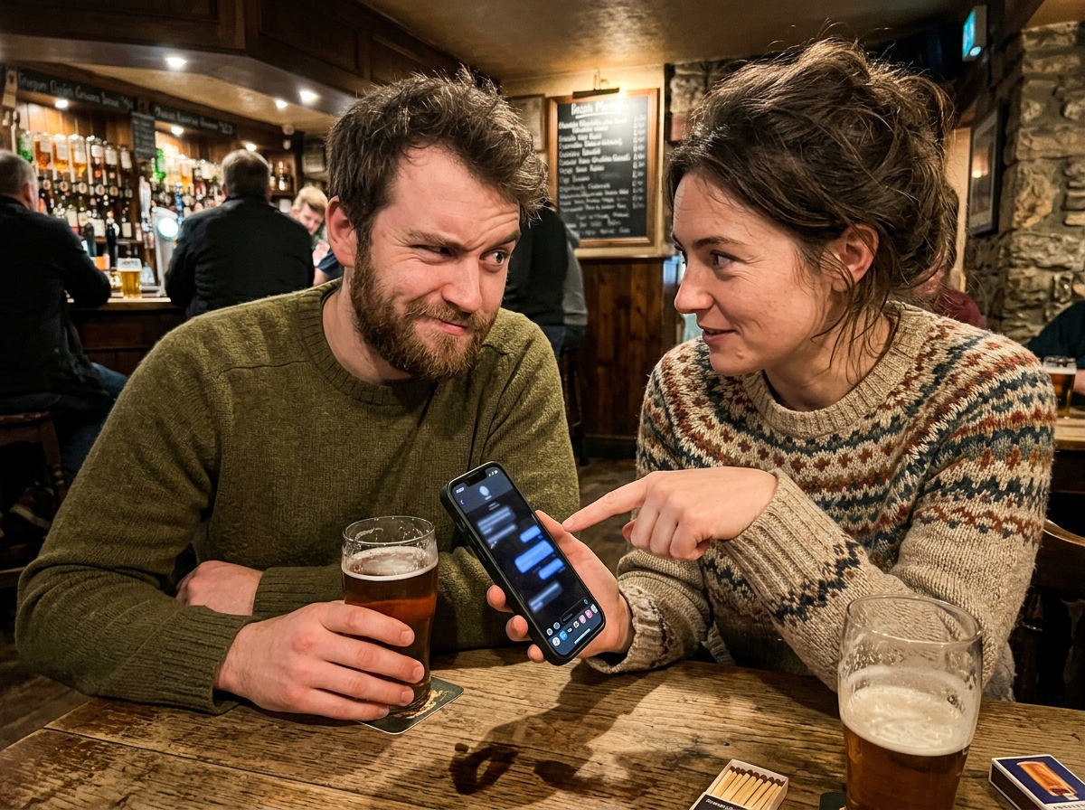 Two people react to a teasing text on a phone in a UK pub setting.