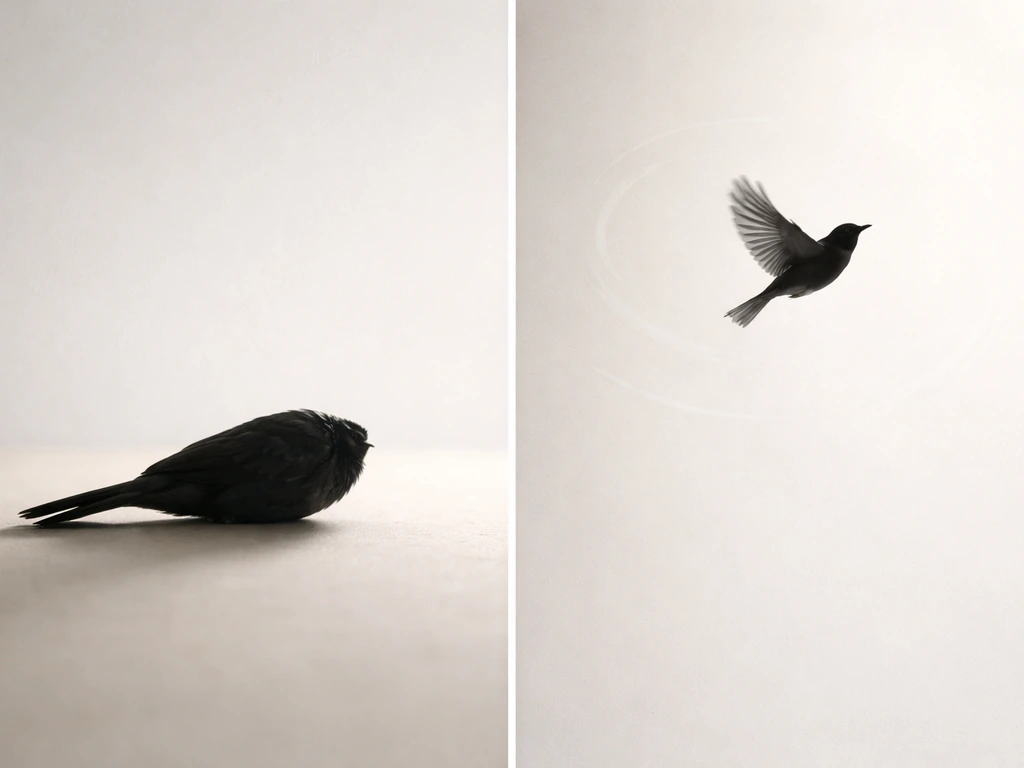 Split-scene: simple silhouette of a decapitated bird next to a symbolic bird-circling motif suggesting metaphor/omens