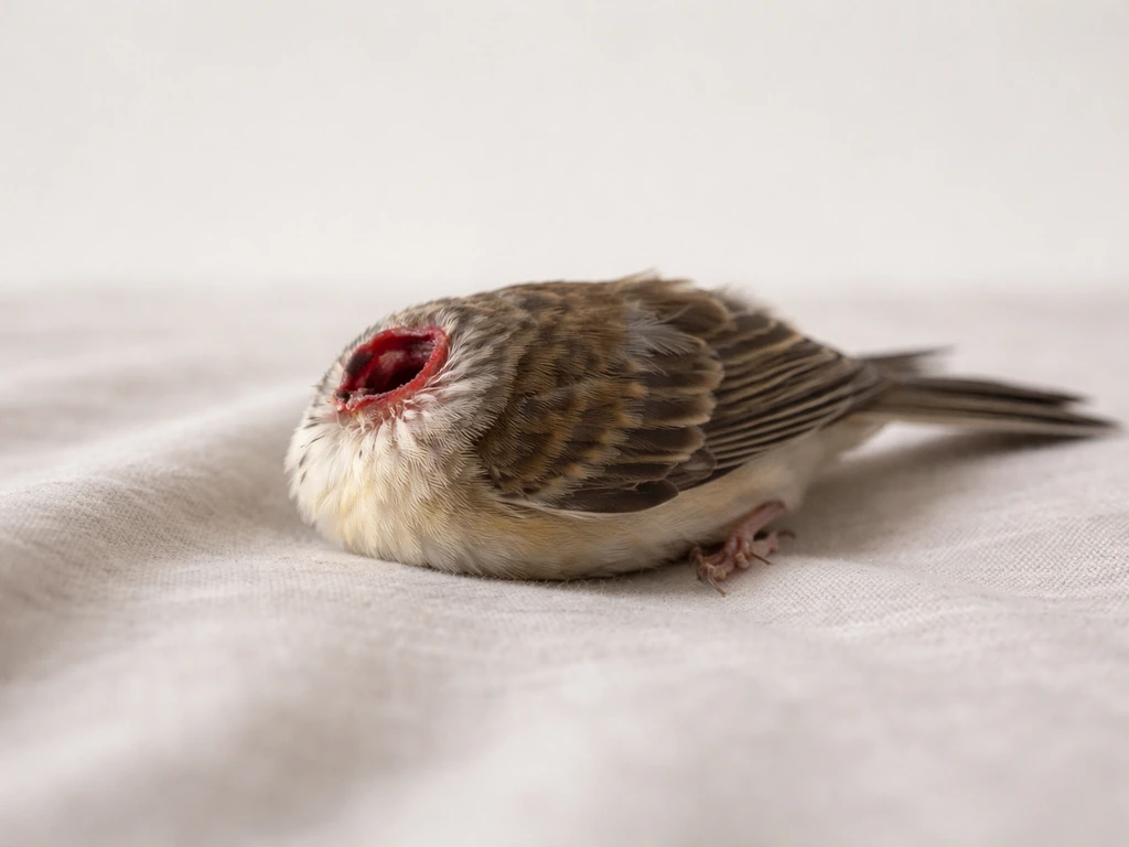 Close-up of a small bird laid on soft neutral fabric with its head absent, non-graphic educational depiction.