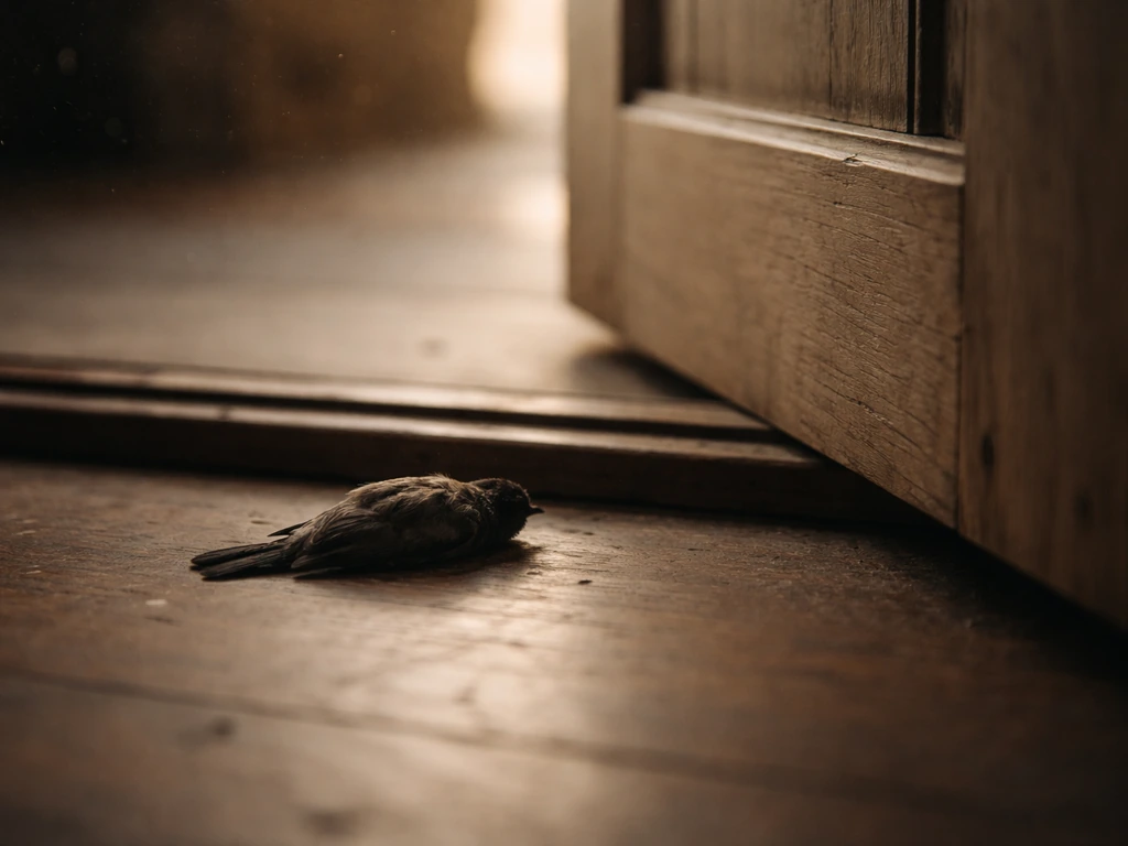Still dark bird silhouette lying by a nearly closed door in fading evening light.