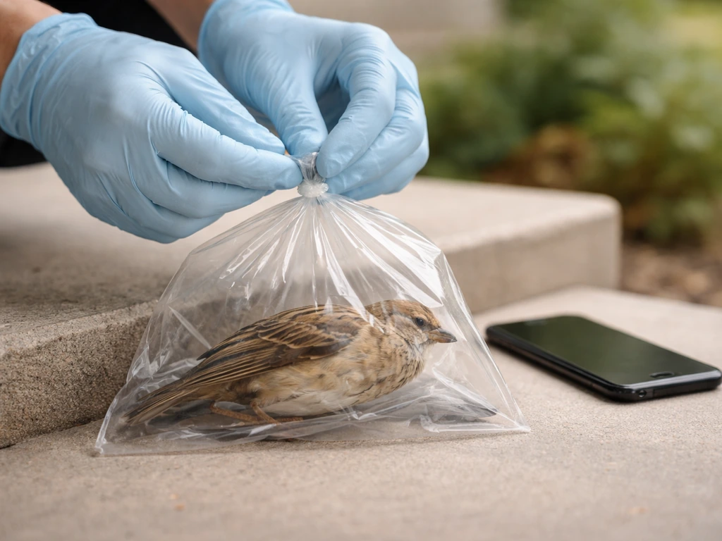 Gloved hands sealing a plastic bag with a dead bird beside a phone for reporting.