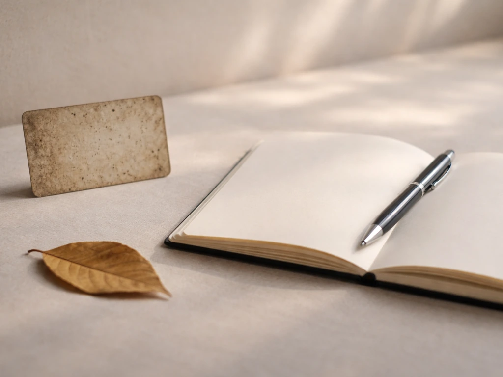 Minimal tabletop scene with a small keycard, a fallen leaf, and a notebook beside a phone in soft light.