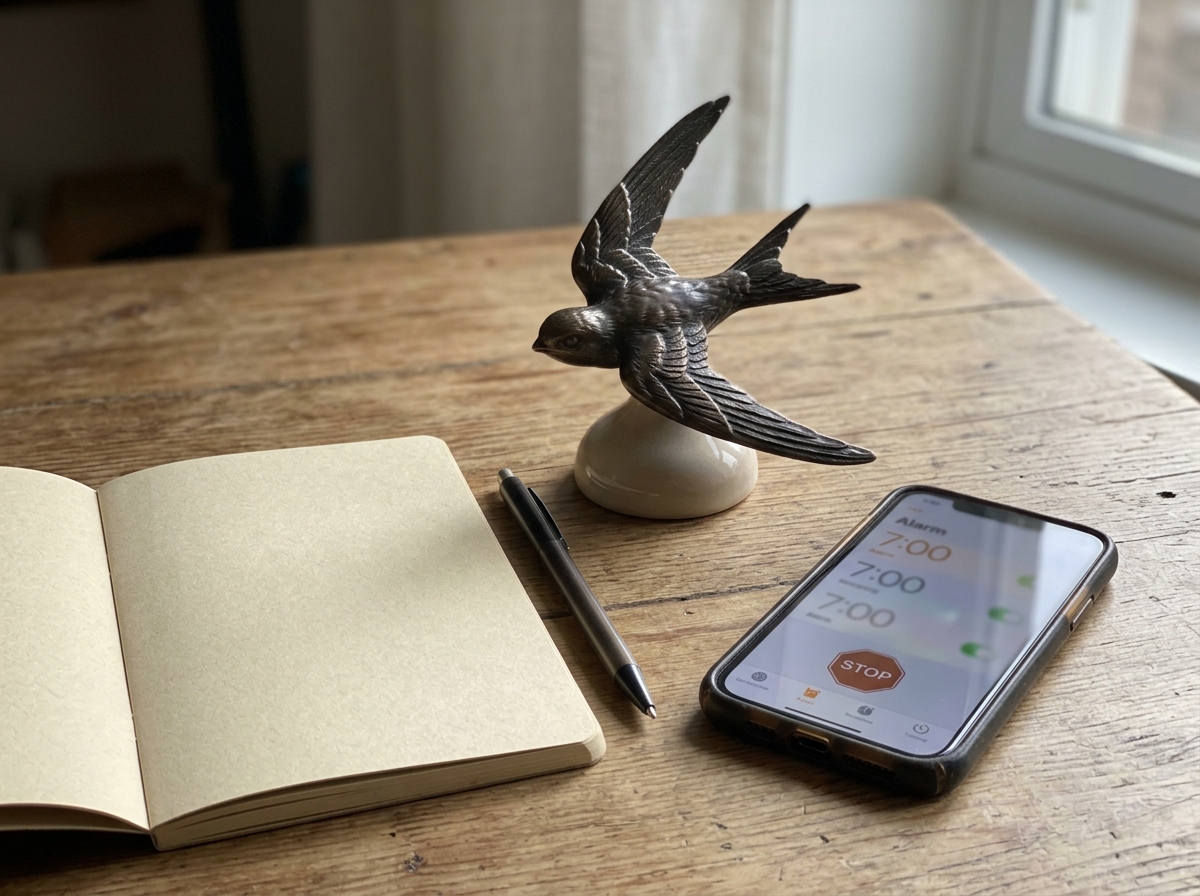Desk setup with blank notebook and swift figure suggesting timing and opportunity